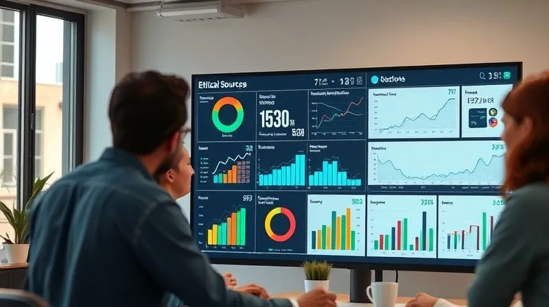 A photorealistic, professional photography, 8K, cinematic lighting, sharp focus, depth of field, shot on a high-end DSLR. A clean, modern data dashboard displaying various ethical sourcing KPIs (e.g., worker well-being index, carbon footprint reduction, material traceability percentage) with clear graphs and charts. The dashboard is on a large monitor in a collaborative workspace, with diverse team members looking at it, symbolizing data-driven decision-making and transparency. Emotionally resonant, conveying precise measurement and collective accountability.
