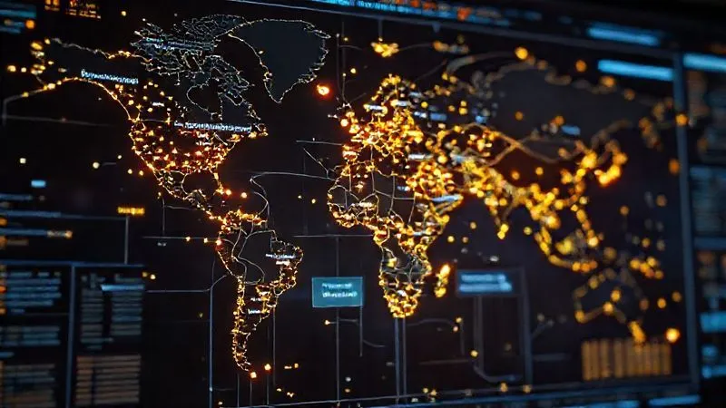 A photorealistic, professional photography, 8K, cinematic lighting, sharp focus, depth of field, shot on a high-end DSLR, of a complex digital dashboard displaying an interconnected global supply chain map with glowing nodes representing factories and material sources. Overlayed on the screen are data points like 'Fair Trade Certified' and 'Organic Cotton Origin: India'. The scene suggests advanced traceability and transparency.