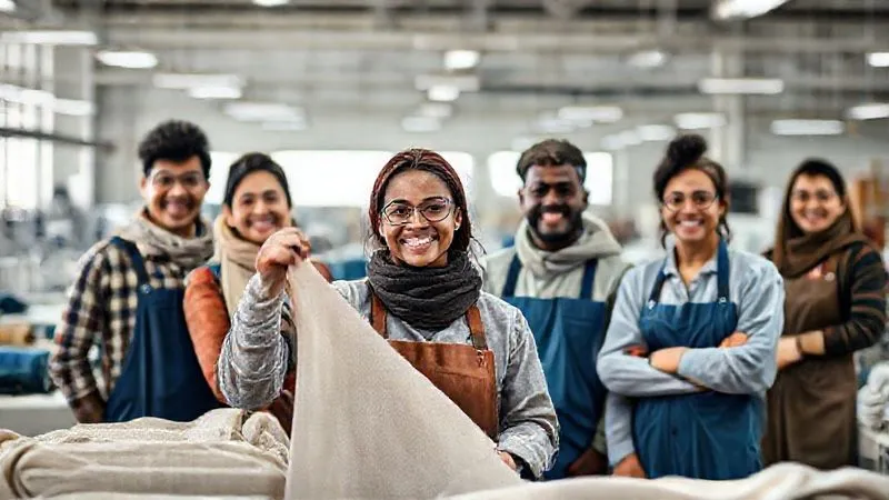 A photorealistic, professional photography, 8K, cinematic lighting, sharp focus, depth of field, shot on a high-end DSLR, of a diverse group of textile workers from various backgrounds smiling genuinely while standing in a clean, well-lit factory setting. One worker is holding up a sample of fabric. The image conveys dignity, empowerment, and a sense of community.