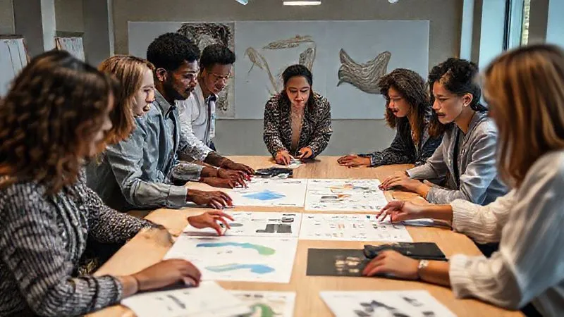 A photorealistic, professional photography, 8K, cinematic lighting, sharp focus, depth of field, shot on a high-end DSLR, of a diverse team of fashion designers and sustainability experts collaborating around a large table, reviewing textile samples and digital dashboards. They are engaged in a discussion, pointing at data and design mock-ups, conveying a sense of innovation and teamwork towards ethical goals.
