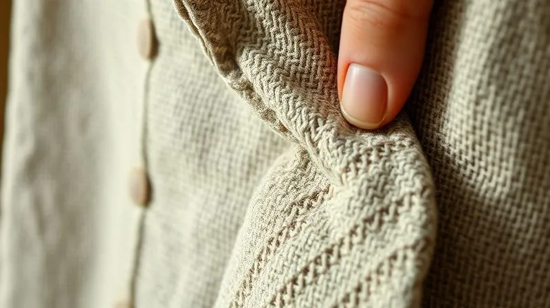 Photorealistic, professional photography, 8K, cinematic lighting, sharp focus, depth of field, shot on a high-end DSLR. A close-up of a vintage garment's fabric, showing intricate weave and texture, with a hand gently feeling the material for quality and durability, in a well-lit studio setting.