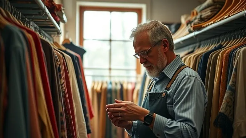 Photorealistic, professional photography, 8K, cinematic lighting, sharp focus, depth of field, shot on a high-end DSLR. A vintage clothing store owner meticulously inspecting a garment, surrounded by neatly organized racks of curated vintage clothes. Sunlight streams through a window, highlighting the texture of the fabrics.
