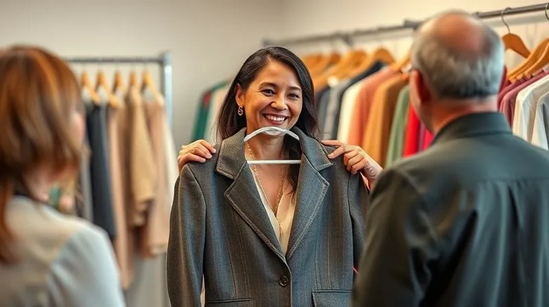 Photorealistic, professional photography, 8K, cinematic lighting, sharp focus, depth of field, shot on a high-end DSLR. A vintage boutique owner smiling, holding up a beautifully restored garment, engaging with a customer. The background features a clean, well-lit display of diverse vintage clothing, conveying trust and transparency.