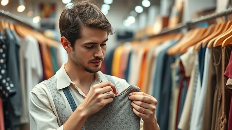 Photorealistic, professional photography, 8K, cinematic lighting, sharp focus, depth of field, shot on a high-end DSLR. A thoughtful consumer in a vintage store, carefully examining the stitching on a dress, with a discerning expression, surrounded by blurred racks of clothing, symbolizing mindful shopping.