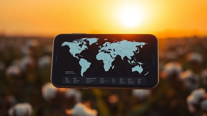 A photorealistic image of a sleek smartphone screen displaying a blockchain-powered supply chain map for a garment, with interconnected nodes showing farm, factory, and certification details. The background is a softly blurred image of organic cotton fields under a warm sun, professional photography, 8K, cinematic lighting, sharp focus, depth of field, shot on a high-end DSLR.