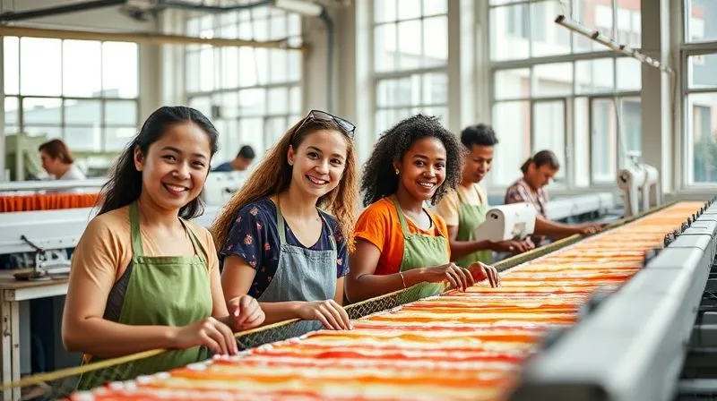 A photorealistic, professional photography, 8K, cinematic lighting, sharp focus, depth of field, shot on a high-end DSLR, image of a diverse group of happy, skilled textile workers in a modern, clean factory, smiling and working collaboratively on sustainable fabrics. Natural light streams through large windows, highlighting the vibrant colors of the textiles and the positive atmosphere.