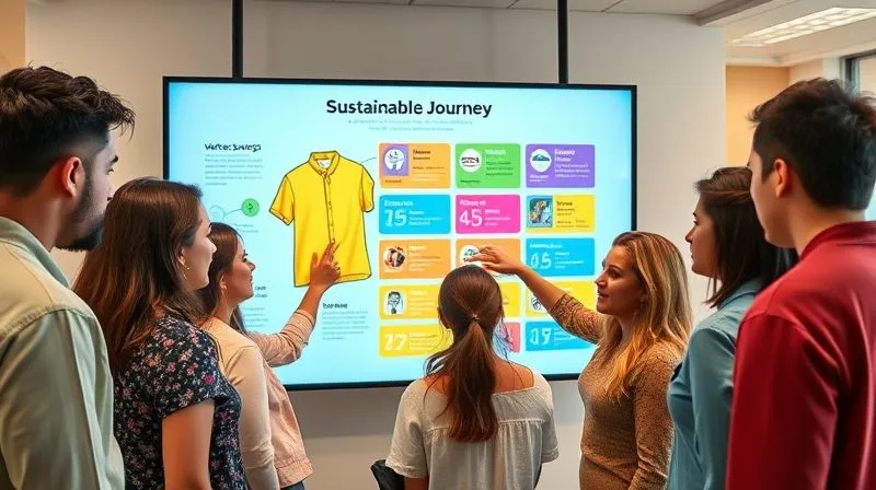 A photorealistic image of a diverse group of people (various ages, ethnicities) gathered around a large, interactive digital display in a modern, bright space. The screen shows a vibrant, easy-to-understand infographic of a garment's sustainable journey, with clickable sections revealing data on water savings, ethical labor, and recycled materials. People are engaged, pointing, and discussing, professional photography, 8K, cinematic lighting, sharp focus, depth of field, shot on a high-end DSLR.