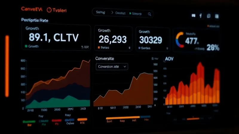 A photorealistic dashboard displaying graphs for CLTV growth, conversion rate, and AOV, with a fashion-forward aesthetic, 8K, cinematic lighting, sharp focus, depth of field, shot on a high-end DSLR.