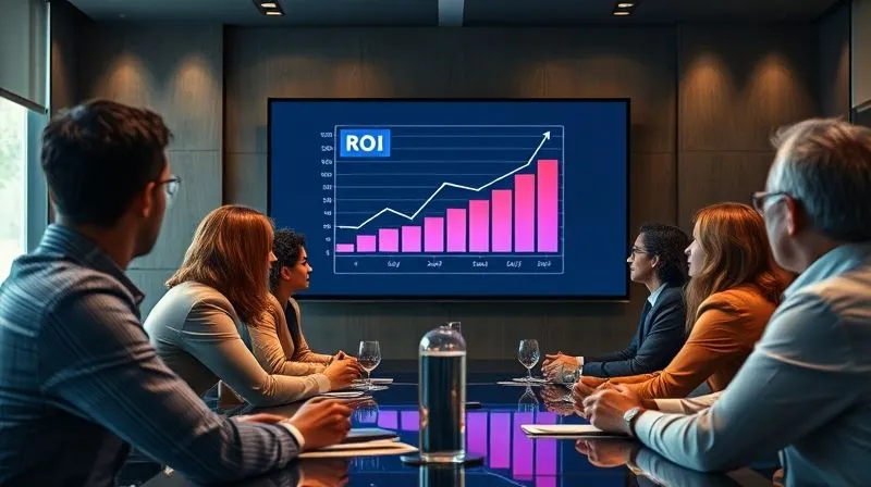 A photorealistic image of a business presentation in a modern boardroom, a diverse team of executives intently watching a graph showing significant ROI growth on a large screen, reflecting confidence and strategic success. 8K, cinematic lighting, sharp focus, depth of field, shot on a high-end DSLR.