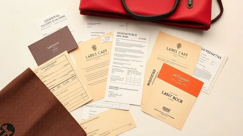 A photorealistic, professional photography flat lay shot of a collection of vintage designer authenticity cards, original receipts, and branded dust bags, meticulously arranged on a clean, light-colored surface. Sharp focus on the details of the cards and receipts, with a shallow depth of field. Cinematic lighting, 8K hyper-detailed, shot on a high-end DSLR, conveying a sense of organized expertise.