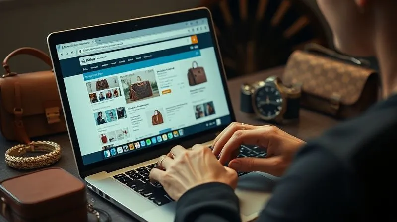 A photorealistic, professional photography shot of a person intently researching vintage designer bag prices on a laptop, with multiple browser tabs open showing auction results and luxury resale sites. The person is surrounded by a few blurred, elegant vintage accessories. Cinematic lighting, sharp focus on the screen and the person's hands, with a gentle depth of field. 8K hyper-detailed, shot on a high-end DSLR, depicting focused market analysis.