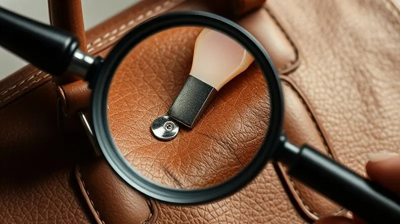A close-up, photorealistic, professional photography shot of a vintage leather handbag being examined under a magnifying glass. The magnifying glass highlights the subtle, natural patina of the leather and the intricate texture of the material, distinguishing it from damage. Cinematic lighting, sharp focus on the magnified area, with a soft depth of field. 8K hyper-detailed, shot on a high-end DSLR, conveying meticulous inspection.