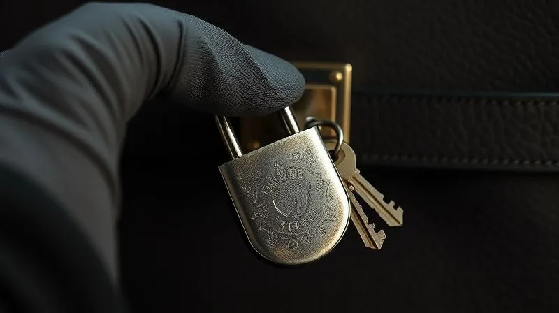 photorealistic, professional photography, 8K, cinematic lighting, sharp focus, depth of field, shot on a high-end DSLR. A gloved hand gently holding a vintage Hermès Birkin bag's padlock and keys, feeling their weight and texture. The hardware appears substantial and cool, reflecting soft ambient light, with a blurred background of luxurious leather.