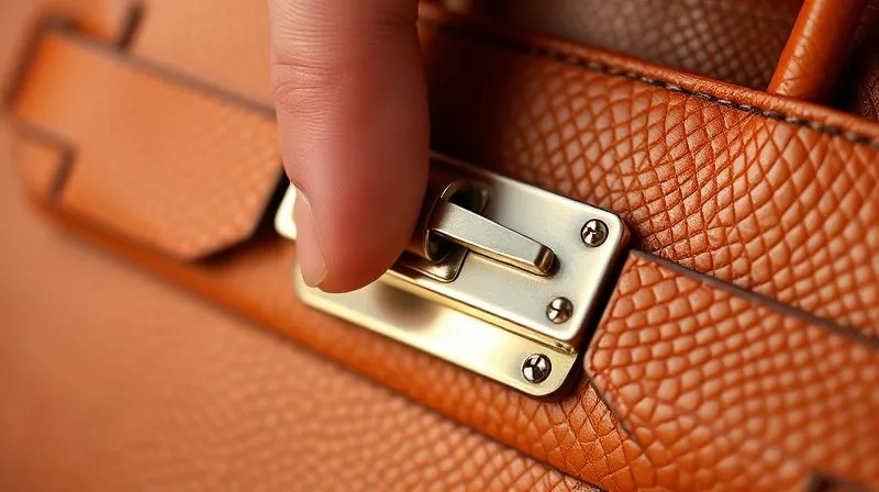 photorealistic, professional photography, 8K, cinematic lighting, sharp focus, depth of field, shot on a high-end DSLR. A close-up shot of a vintage Hermès Birkin bag's toggle lock in action, showing a hand turning the mechanism. The metal gleams with a rich patina, and the precision engineering is evident, with no gaps or misalignment. Soft light highlights the smooth operation.