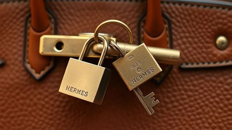 photorealistic, professional photography, 8K, cinematic lighting, sharp focus, depth of field, shot on a high-end DSLR. A close-up, elegant shot of a vintage Hermès Birkin bag's clochette, with two keys and a padlock hanging from it. The hardware is gleaming, showing precise engravings and a rich patina. The leather of the clochette is supple and perfectly stitched, with a blurred, luxurious background.