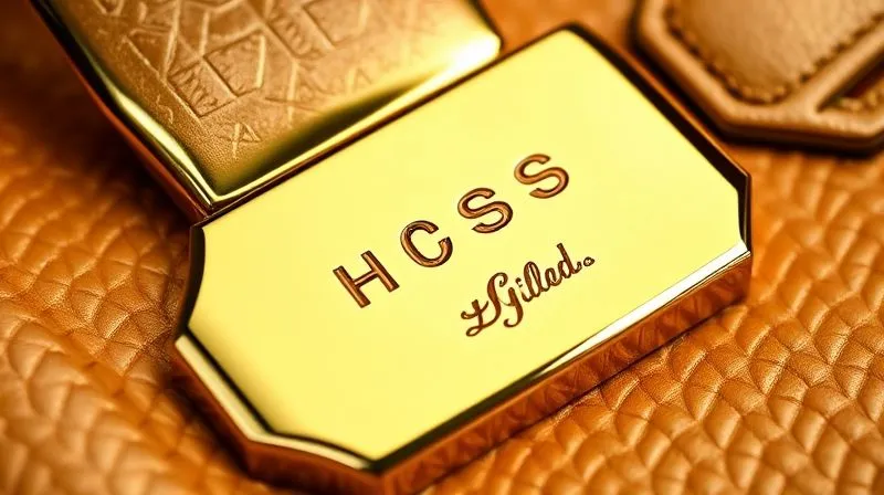 A macro, photorealistic close-up of a gleaming gold luxury handbag clasp with intricate, deeply etched brand engravings, sharp focus on the details, cinematic lighting highlighting the metallic luster and precision craftsmanship, 8K hyper-detailed, depth of field blurring the background.