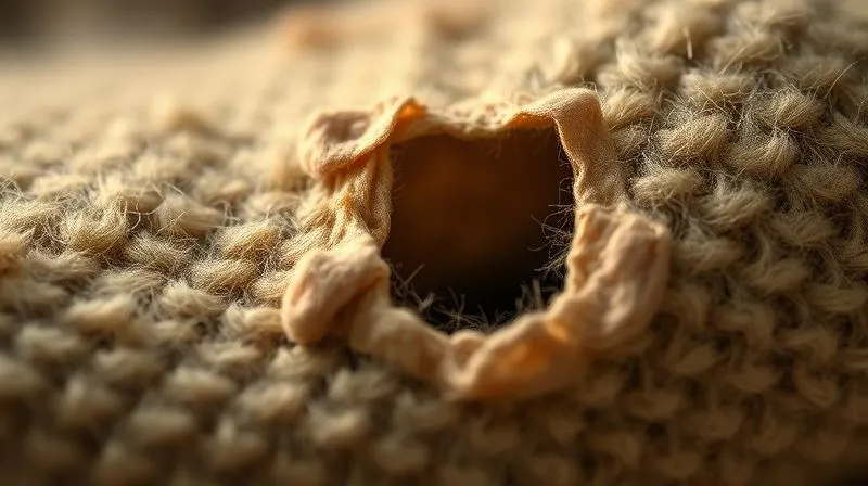 A macro, photorealistic, professional photography shot of an antique wool fabric with visible, irregular moth holes and faint silken tunnels, illuminated by cinematic lighting, sharp focus on the damaged area, depth of field blurring the background, 8K hyper-detailed.