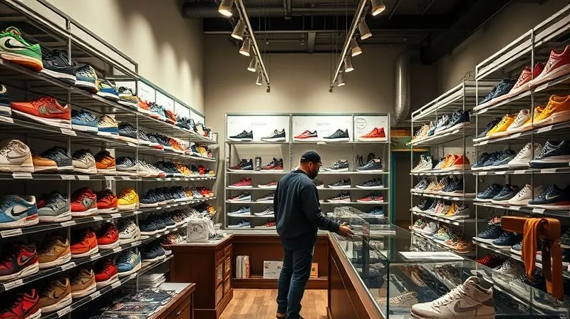 A photorealistic image of a vintage sneaker consignment store, shelves meticulously organized with rare sneakers, a transaction happening at the counter, cinematic lighting highlighting the details, 8K hyper-detailed, shot on a high-end DSLR.