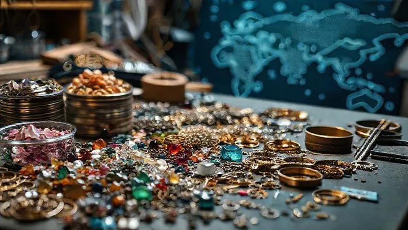 A photorealistic image of a diverse array of jewelry components and raw materials (gemstones, metal wires, findings) neatly organized on a workbench, with a blurred map of global supply routes in the background, symbolizing an agile and diversified supply chain, professional photography, 8K, cinematic lighting, sharp focus, depth of field, shot on a high-end DSLR.
