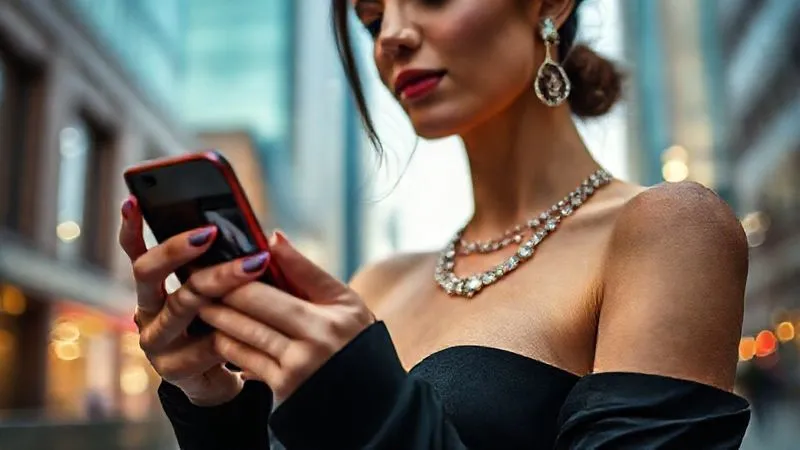 A photorealistic, professional photography, 8K, cinematic lighting, sharp focus, depth of field, shot on a high-end DSLR. A stylish woman wearing elegant, modern jewelry is interacting with her smartphone, which displays a social media feed featuring the new jewelry collection. The background is a vibrant, contemporary urban setting, symbolizing a successful marketing campaign for a design pivot.