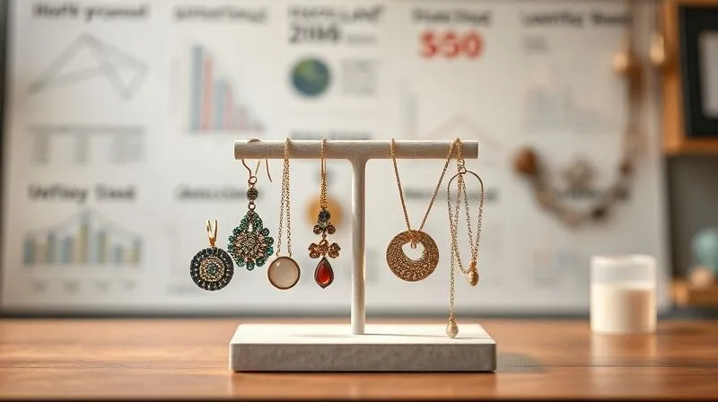 A photorealistic, professional photography, 8K, cinematic lighting, sharp focus on a visually appealing display of repurposed and upcycled jewelry pieces, artfully arranged on a minimalist stand. Depth of field blurring a background showing blurred diagrams of strategic discounting and inventory clearance, shot on a high-end DSLR, conveying smart liquidation and creative value recovery.