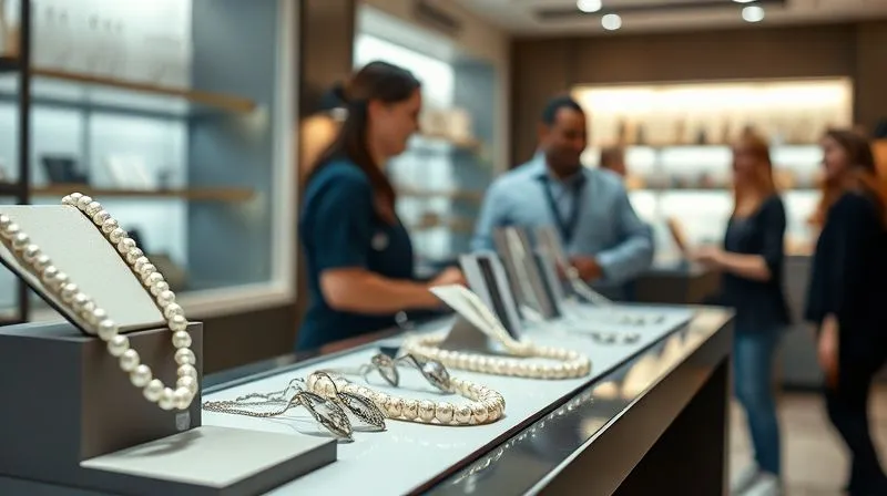 A photorealistic, professional photography, 8K, cinematic lighting, sharp focus on a beautifully designed, modern jewelry display featuring delicate pearl necklaces and earrings, alongside a subtle 'Revived Collection' tag. In the background, blurred but visible, are happy customers interacting with staff, shot on a high-end DSLR, conveying successful adaptation and customer satisfaction.