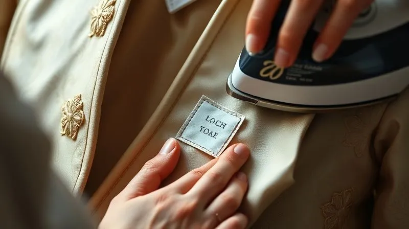 Photorealistic, professional photography, 8K, cinematic lighting, sharp focus, depth of field, shot on a high-end DSLR. A close-up of a costume technician's hands carefully applying a small iron-on patch to the inside of a delicate silk period costume, covering a small tear. A travel iron is visible, pressing down on the patch, with a small steam cloud rising. The fabric is a rich, detailed brocade, highlighting the precision and care taken during the repair. The scene has soft, focused lighting.