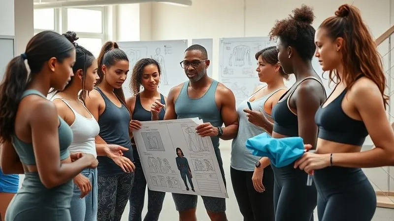 A photorealistic, professional photography, 8K, cinematic lighting, sharp focus, depth of field, shot on a high-end DSLR. A diverse group of active individuals, representing various fitness levels and body types, engaged in a collaborative brainstorming session about activewear. They are pointing at mood boards, sketching ideas, and holding fabric swatches, with a central figure actively listening and taking notes, embodying consumer-centric design and co-creation. The setting is bright and dynamic, like a modern design studio.