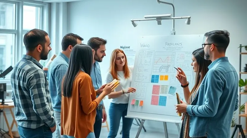 A photorealistic, professional photography, 8K, cinematic lighting, sharp focus, depth of field, shot on a high-end DSLR. A diverse team of designers and product developers in a modern, brightly lit studio, actively brainstorming and collaborating. They are gathered around a whiteboard filled with sketches and notes, some holding fabric swatches, others interacting with a digital display. The atmosphere is energetic and innovative, conveying a culture of continuous learning and experimentation.