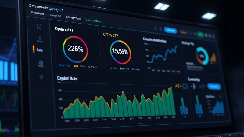 A photorealistic, detailed dashboard displaying email marketing analytics, with charts showing open rates, CTR, and conversion trends, set against a dark, tech-savvy background, cinematic lighting.