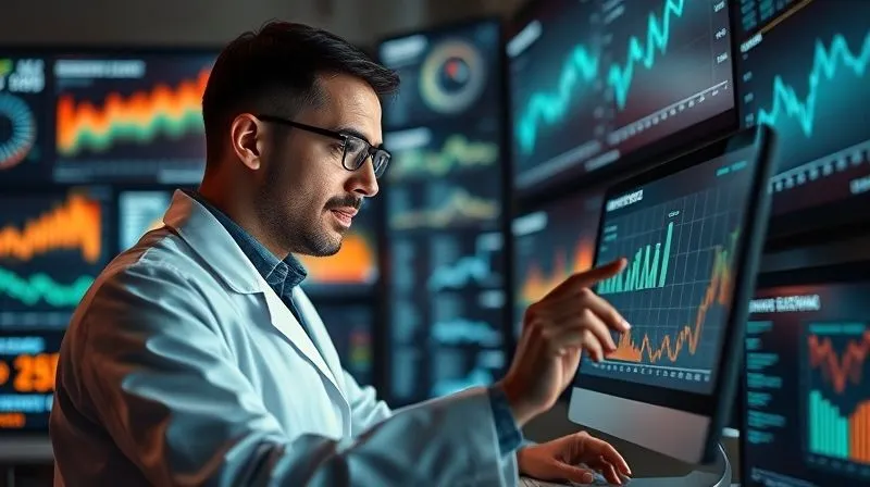 A photorealistic image of a scientist in a modern lab coat, meticulously analyzing data on multiple screens, surrounded by glowing charts and graphs, symbolizing data-driven optimization and strategic testing, cinematic lighting.