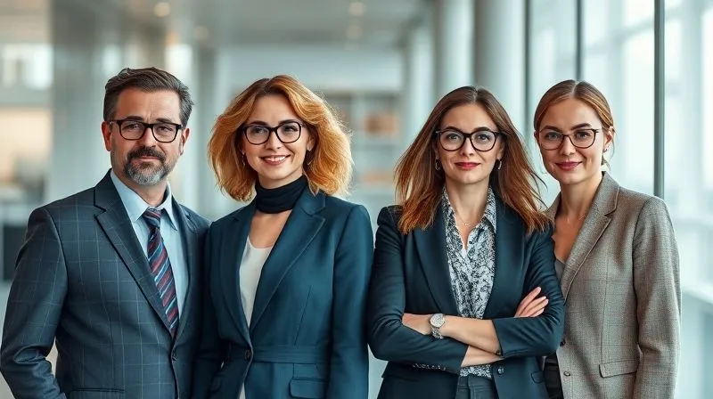 A photorealistic, professional photography, 8K, cinematic lighting, sharp focus, depth of field, shot on a high-end DSLR of a diverse group of four individuals, each subtly expressing a different personality archetype (e.g., confident leader, creative visionary, approachable nurturer, sophisticated intellectual) through their attire, posture, and a specific, well-chosen eyewear style that complements their persona in a modern, professional setting.