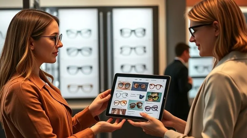 A photorealistic, professional photography, 8K, cinematic lighting, sharp focus, depth of field, shot on a high-end DSLR of a professional eyewear stylist presenting a curated selection of three distinct glasses frames to a female client, who is looking at a digital mood board on a tablet displaying various personal brand archetypes and style inspirations. The setting is a chic optical boutique, and the interaction is engaging and personalized.