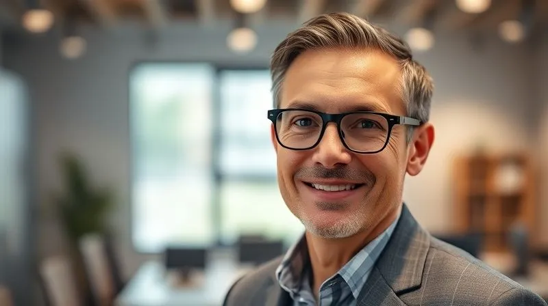 A photorealistic, professional photography, 8K, cinematic lighting, sharp focus, depth of field, shot on a high-end DSLR of a satisfied client confidently wearing their new, subtly enhancing eyewear in a bright, modern office setting, looking directly at the camera with a genuine, subtle smile, exuding professionalism and self-assurance. The background is softly blurred to keep focus on the client.