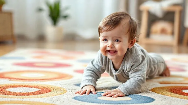 A photorealistic image of a young child happily crawling on a soft, colorful rug, wearing a comfortable, well-fitting outfit that appears both soft and durable. The fabric shows gentle stretch and resilience, with soft, natural light, 8K, cinematic, sharp focus on the child and clothing, depth of field blurring the background.