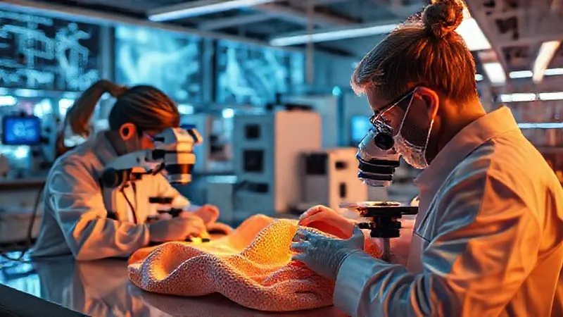 A photorealistic, futuristic textile laboratory with advanced machinery and glowing screens, showing scientists examining incredibly soft, yet visibly strong and flexible fabric samples under microscopes. The atmosphere is clean, innovative, and focused on sustainable materials, 8K, cinematic lighting, sharp focus on the fabrics, depth of field blurring the background.