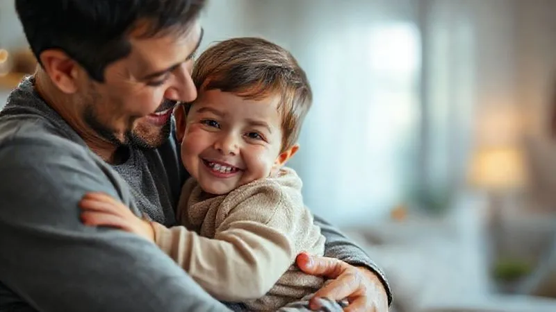 A photorealistic, heartwarming scene of a parent embracing their child, both smiling and comfortable. The child's clothing is visibly soft and well-fitting, suggesting both comfort and quality. The setting is a cozy, brightly lit home environment, emphasizing warmth and security, 8K, cinematic lighting, sharp focus on the interaction, depth of field blurring the background.