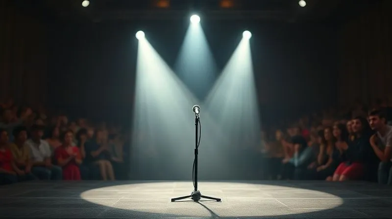 Photorealistic, professional photography, 8K, cinematic lighting, sharp focus, depth of field, shot on a high-end DSLR. A single, focused spotlight illuminating a microphone on an empty stage, symbolizing a moment of crucial public address and transparency, with a blurred, anxious crowd in the background.