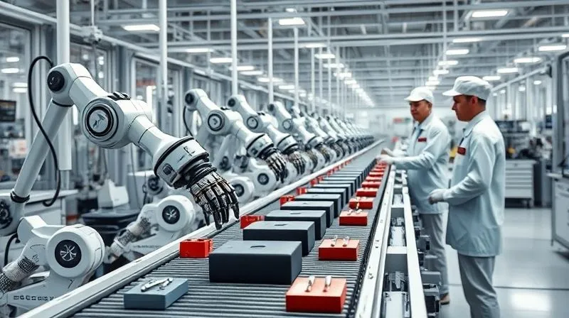 Photorealistic, professional photography, 8K, cinematic lighting, sharp focus, depth of field, shot on a high-end DSLR. A sleek, modern factory floor, brightly lit, with robotic arms meticulously checking luxury products on a conveyor belt, workers in clean uniforms overseeing, symbolizing enhanced quality control and transparency.