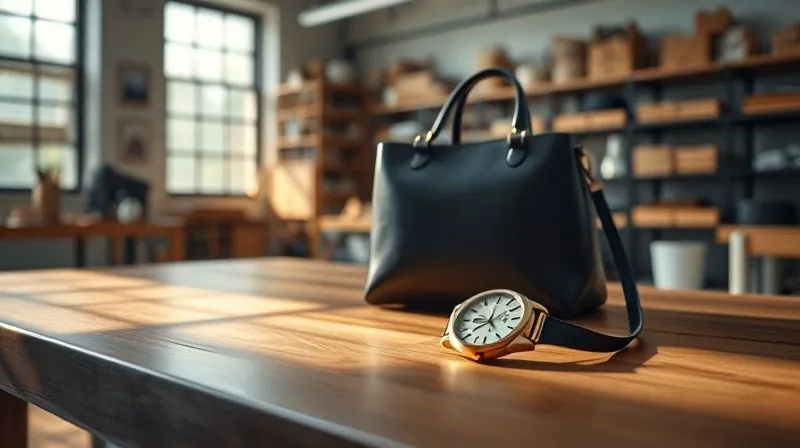 Photorealistic, professional photography, 8K, cinematic lighting, sharp focus, depth of field, shot on a high-end DSLR. A beautifully designed luxury product (e.g., a handbag or watch) subtly placed on an elegant, naturally lit wooden table, with a blurred background of a modern, ethical workshop, symbolizing renewed quality and transparency.
