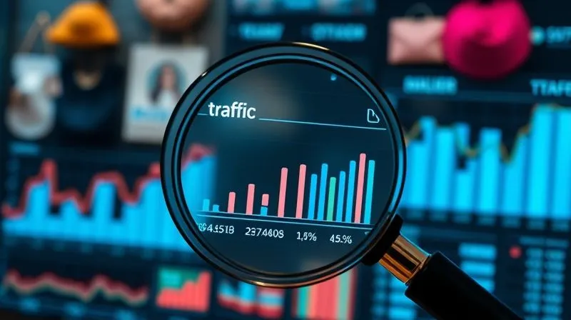 A photorealistic image of a magnifying glass hovering over a complex data dashboard, highlighting specific metrics like traffic and conversion rates, with a blurred background of fashion items. The lighting is analytical and sharp, conveying a sense of detailed investigation. 8K hyper-detailed, professional photography, shot on a high-end DSLR, depth of field.