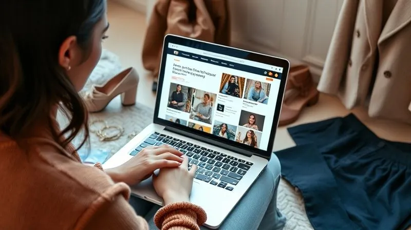 A photorealistic image of a fashion blogger actively updating a blog post on a laptop, surrounded by stylish clothing and accessories. The screen shows a content management system with highlighted text and images being edited. The scene is bright and inspiring, reflecting creativity and productivity. 8K hyper-detailed, professional photography, shot on a high-end DSLR, depth of field.