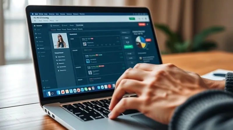 A photorealistic image of a hand meticulously adjusting settings on a laptop screen displaying a complex A/B testing interface, with a fashion blog visible in the background. The scene emphasizes precision and data-driven decision-making, with soft, focused lighting. 8K hyper-detailed, professional photography, shot on a high-end DSLR, depth of field.