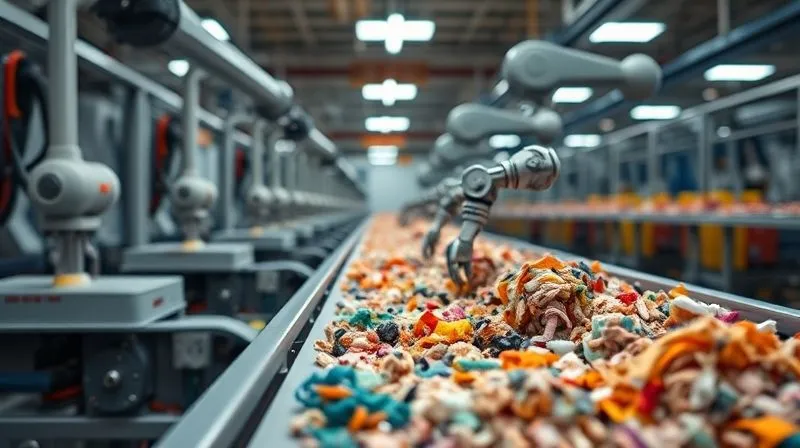 A photorealistic, professional photography, 8K, cinematic lighting, sharp focus, depth of field, shot on a high-end DSLR. A high-tech automated textile sorting facility with robotic arms precisely picking and classifying various fabric scraps on a conveyor belt. Bright, analytical lights highlight the different textures and colors of the textiles. The scene conveys efficiency, precision, and advanced technology in waste management.