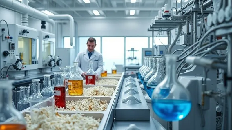A photorealistic, professional photography, 8K, cinematic lighting, sharp focus, depth of field, shot on a high-end DSLR. A pristine laboratory setting with technicians in white coats overseeing complex chemical recycling equipment, focused on extracting pure cellulose from shredded fabric waste. Beakers and tubes show liquids changing color, symbolizing the chemical transformation. The atmosphere is one of scientific breakthrough and precision.
