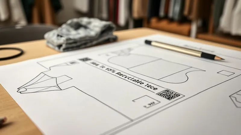 A photorealistic, professional photography, 8K, cinematic lighting, sharp focus, depth of field, shot on a high-end DSLR. A fashion designer's studio, with design sketches on a table. One sketch highlights a garment with clear labels indicating '100% Recyclable' and a QR code, emphasizing design for disassembly and digital product passports. The background is softly blurred, showing sustainable fabric swatches.