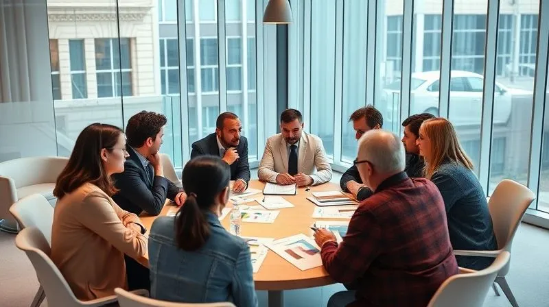 A photorealistic, professional photography, 8K, cinematic lighting, sharp focus, depth of field, shot on a high-end DSLR. A diverse group of policy makers and industry leaders in a modern, light-filled conference room, engaged in a serious discussion around a table. Documents and graphs on circular economy and textile waste are visible, suggesting strategic planning and policy development. The mood is collaborative and forward-thinking.