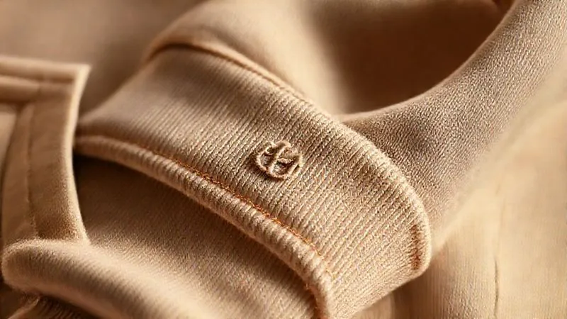 Photorealistic, professional photography, 8K, cinematic lighting, sharp focus, depth of field, shot on a high-end DSLR. A close-up of a premium streetwear hoodie's cuff, showing a tiny, intricately embroidered logo in a tonal thread, almost blending with the fabric. The texture of the heavyweight cotton is visible, and a subtle, unique stitch pattern runs along the seam. The lighting highlights the tactile quality and understated detail, evoking a sense of quiet luxury and meticulous craftsmanship.
