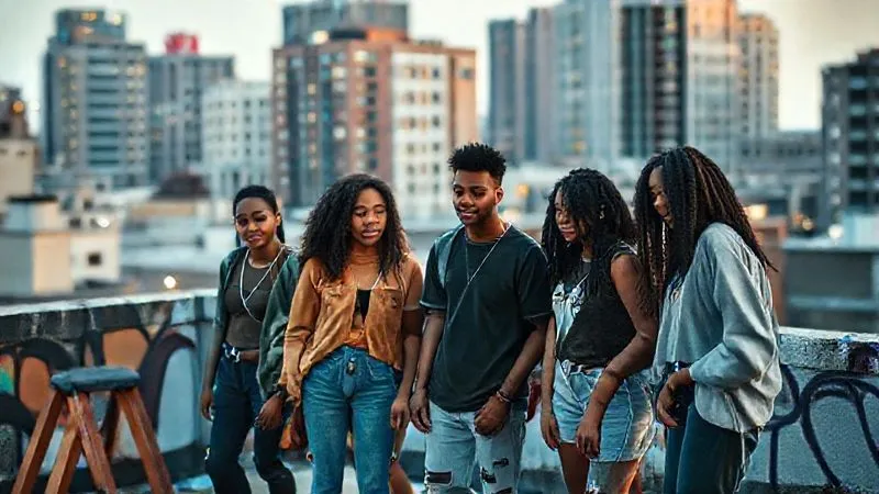 Photorealistic, professional photography, 8K, cinematic lighting, sharp focus, depth of field, shot on a high-end DSLR. A diverse group of young, stylish individuals engaged in a community art project on an urban rooftop, painting a mural. They are wearing subtly branded streetwear that blends seamlessly with their creative activity. The focus is on their collaborative energy and authentic expressions, with cinematic lighting enhancing the vibrant colors of the mural and the genuine connection between them. The scene embodies a brand's narrative of creativity, community, and purpose, with the clothing serving as an understated extension of their identity.