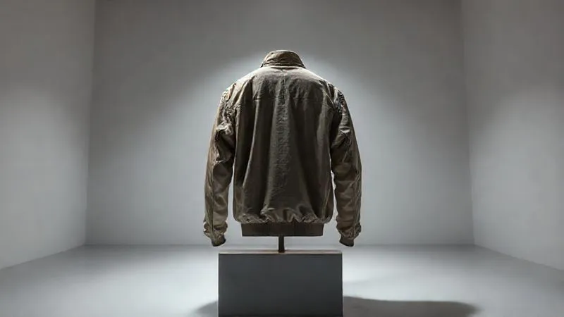 Photorealistic, professional photography, 8K, cinematic lighting, sharp focus, depth of field, shot on a high-end DSLR. A single, exquisitely crafted streetwear jacket, made from a unique, textured fabric with subtle, almost invisible branding, displayed under a spotlight in an empty, minimalist gallery space. The jacket is presented on a sculptural, abstract stand, emphasizing its rarity and artistic value. The cinematic lighting creates dramatic shadows and highlights, drawing attention to the garment's quality and unique details, evoking a sense of exclusive artistry and genuine scarcity.